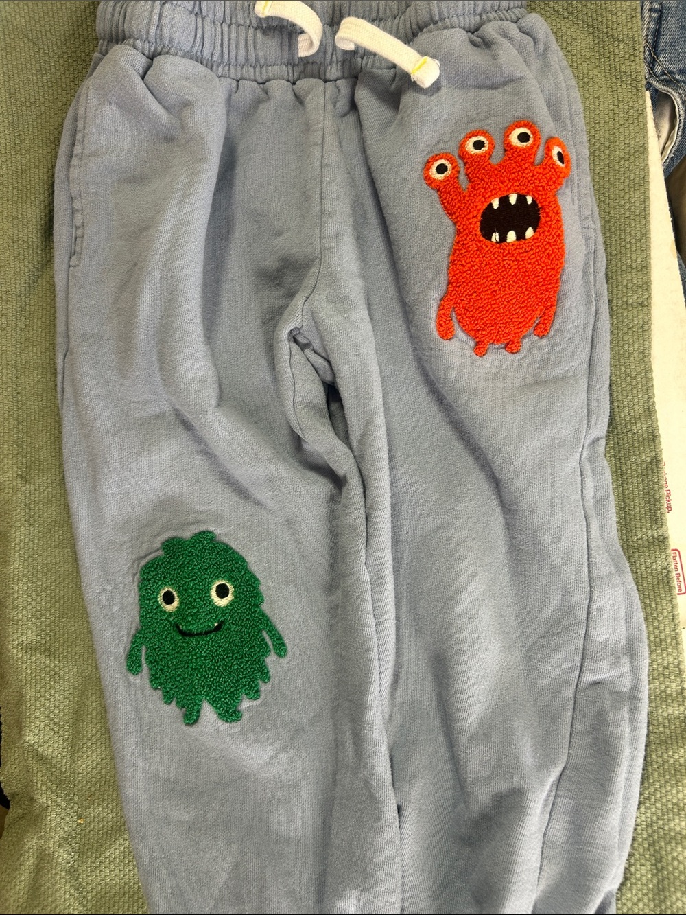 Boden Light Blue Joggers with Green & Red Monster Patches